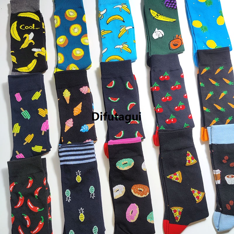 Difutagui 58 Style Food Theme Men Cartoon Socks Cotton Fruit Banana coffee High Quality bean doughnut sandwich hamburger sushi ice crea Long Socks