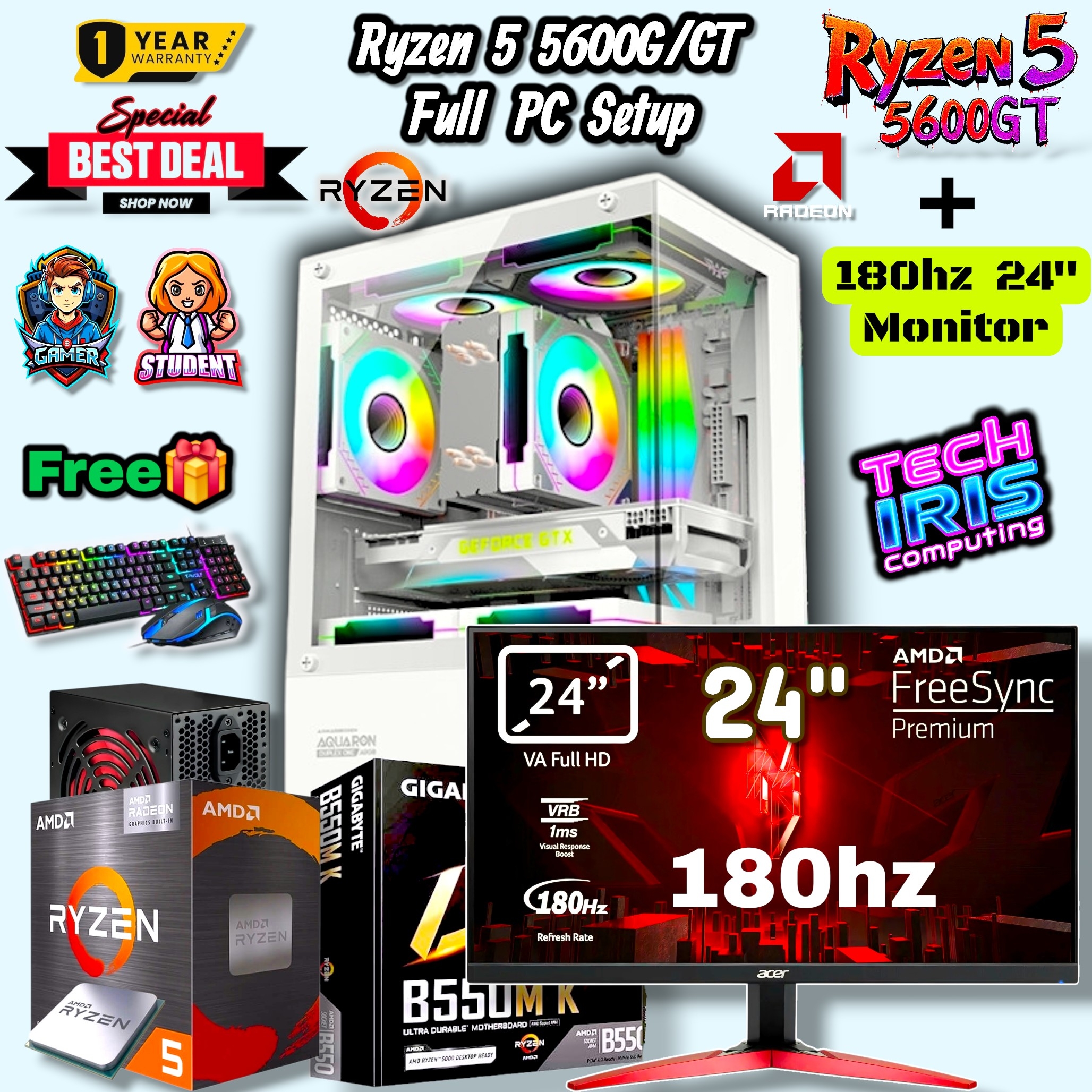 AMD Ryzen 5 5600G/GT Pairs 24" 180hz Monitor Transparent Gaming PC Setup With 800Watt PSU, Gigabyte B550M/A520M K V2 Board, 8/16GB DDR4 RAM, 512/256GB Nvme M.2 SSD Gaming CPU Desktop.