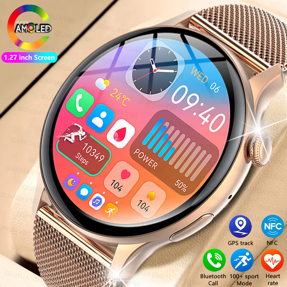 HOT For Huawei Xiaomi NFC GPS Smart Watch Women AMOLED Always on Display BT Call Heart rate Blood Pressure Fitness Track Smartwatch