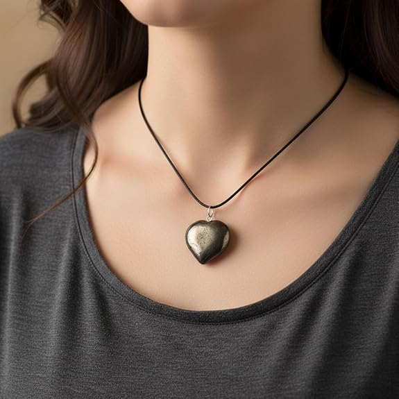 Heart Shape Natural Pyrite Stone Pendant Necklace - Healing Crystal Good Luck Amulet Necklace for Women & Girls (1 Piece)