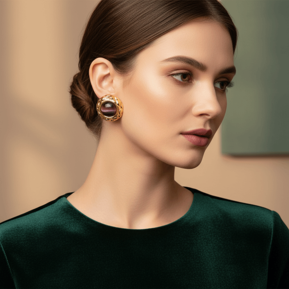 Fashion Vintage Style Earrings Oblate Shape Stainless Steel Flower Earrings Solid Color Cat's Eye Round Earrings Party