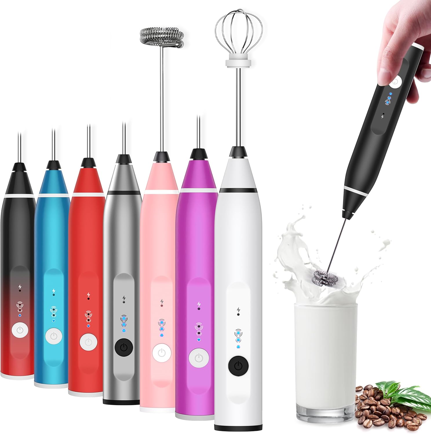 Rechargeable Handheld Milk Frother | 3-Speed Electric Whisk with 2 Stainless Attachments for Coffee, Matcha, Latte & Hot Chocolate