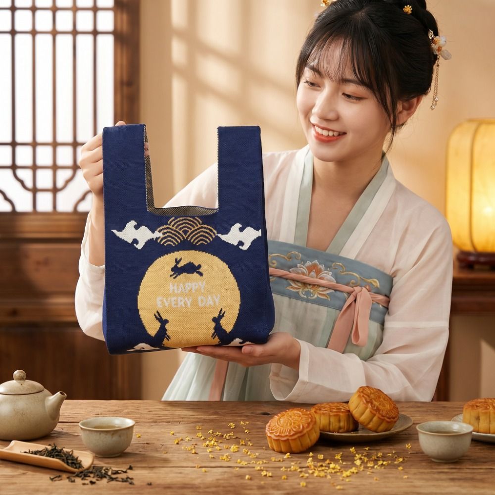 Gift Creative Mid-Autumn Festival Handbag Mini Rabbit Printed Cartoon Rabbit Handbag Portable Foldable Wrist Knot Bag Gift Box Bag