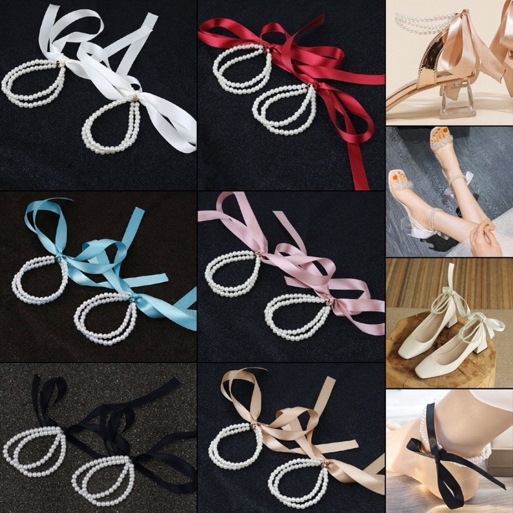 1pair Lovely Colorful Ribbon Bow Anklet High Heels Sandal Decoration Gift Pearls Foot Chain High Heels Chain