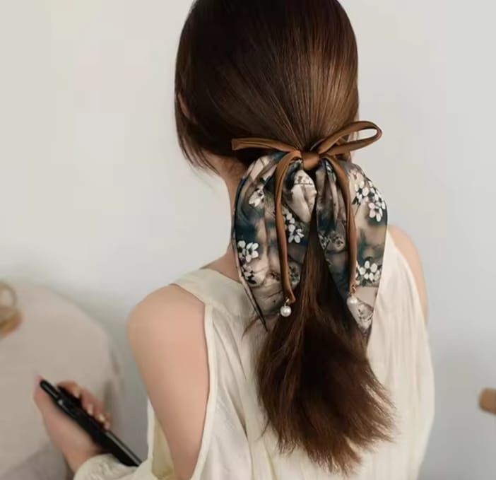 1Pcs New Printed satin bow with ribbon large scrunchies Pearl Hair Ties for Women accessories