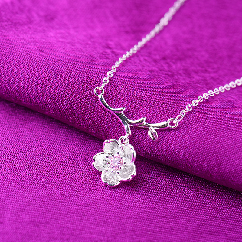 Necklaces for Women Flower Necklace Versatile Sweet Collar Chain Flower Branch Diamond Necklace Women's Necklace Purple Diamond Pink Diamond Gift Accessory Jewelry (SL1, One Size)