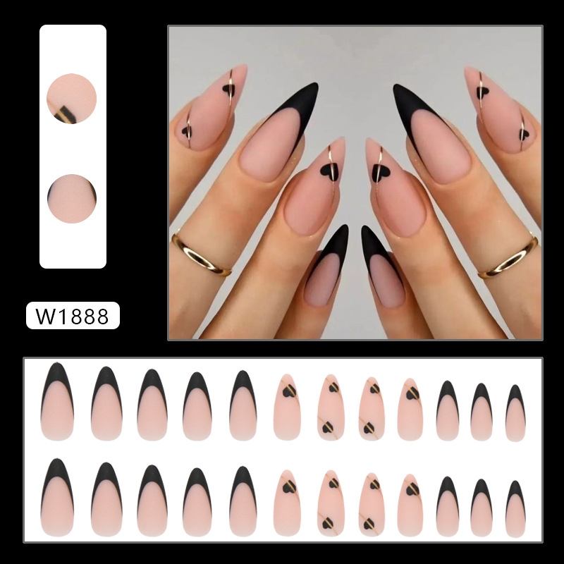 HOT 24pcs Y2k Long Stiletto False Nails Black Love Heart Frosted French Style Press On Nails Ins Simple Nail For Spicy Girls