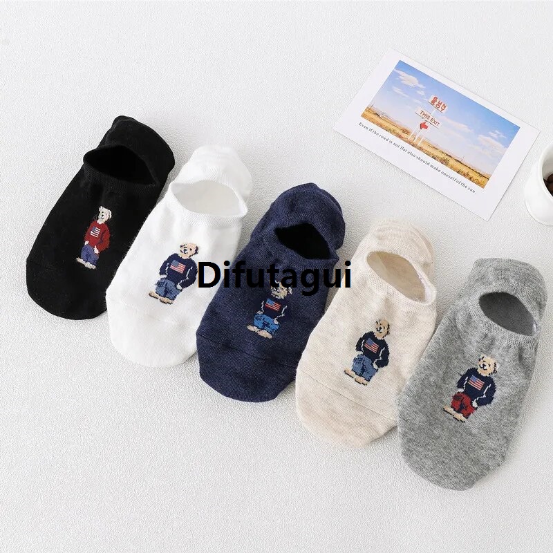 Difutagui 2025 Sweat absorption, comfortable soft socks bear boat embroidery Affordable bear cute double super 5 cartoon, versatile socks