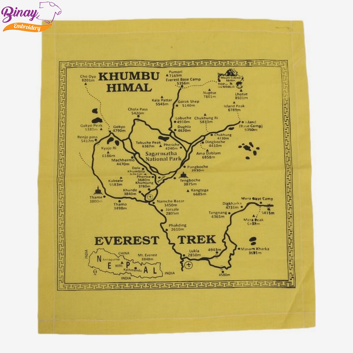 Binay Embroidery Yellow Everest Trek Map Printed Handkerchief - Fashion | Handkerchief | Printed | Unisex |