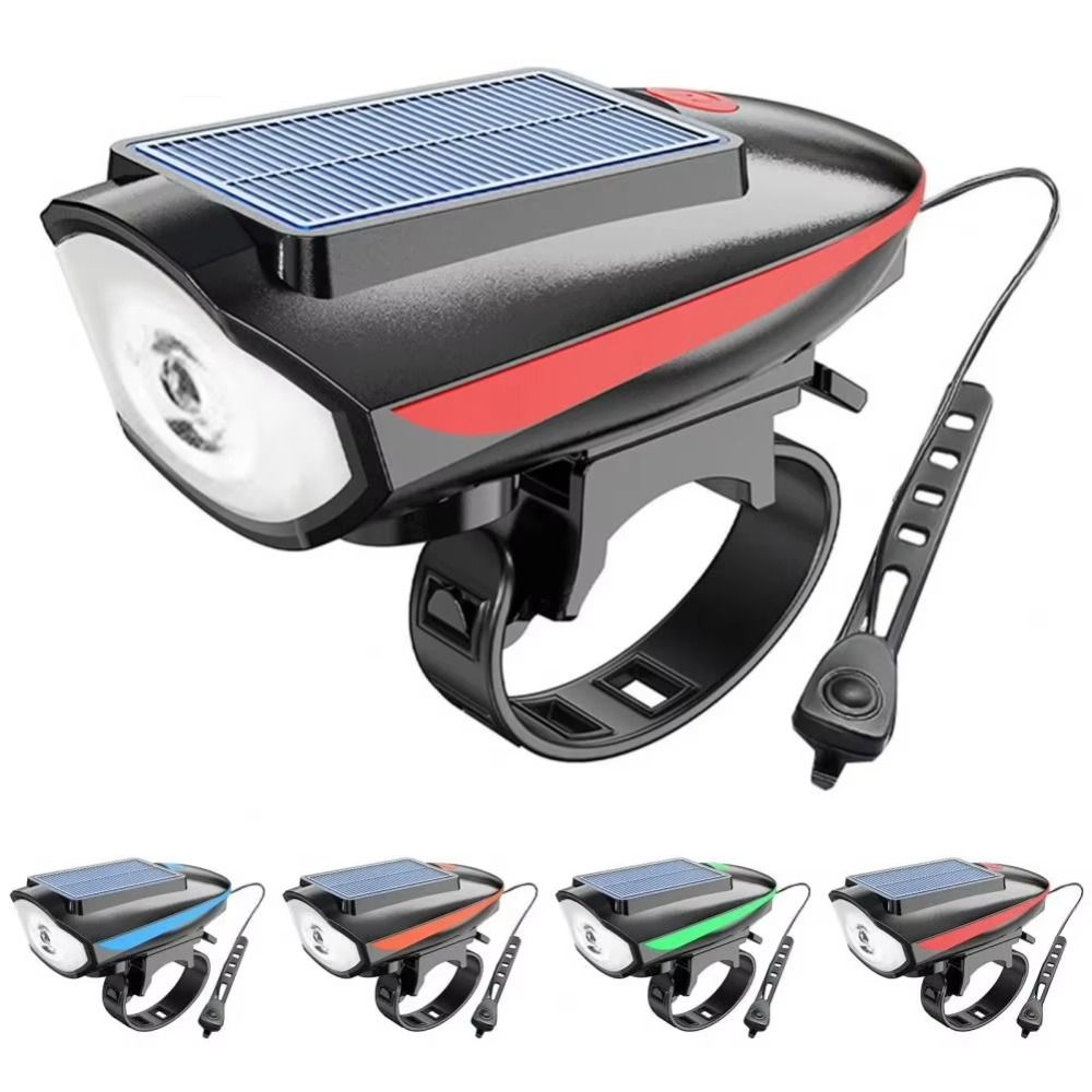 Portable Waterproof Solar Bicycle Light 3 Modes Rechargeable LED Bike Front Lamp with Horn Universal Bicycle Headlight for Cycling Safety