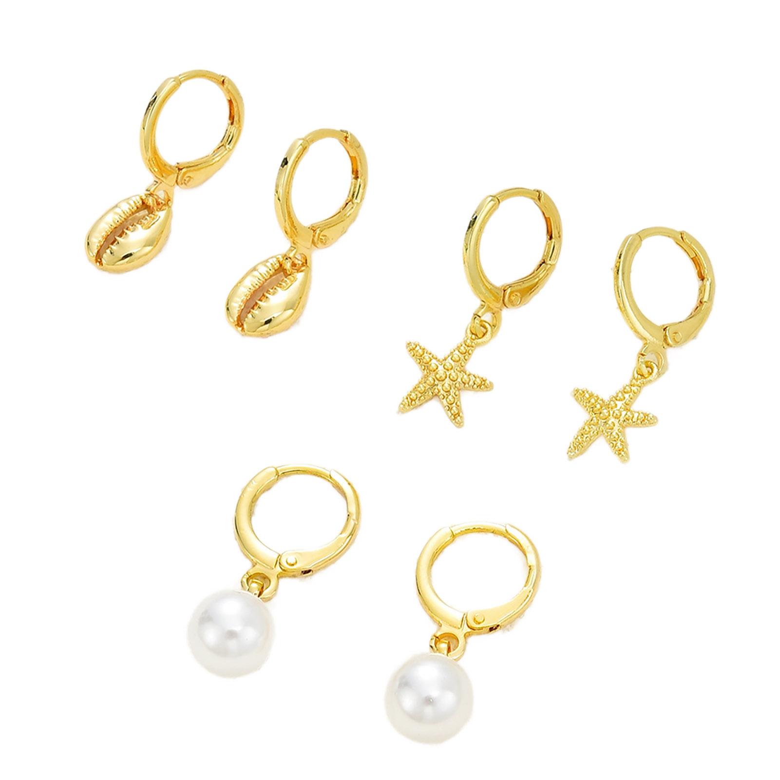 CARAT Summer Beach Earrings 3 Pairs Women Coastal Hoop Earrings Set - Starfish Seashell Faux Pearl Dangle Charms Summer Beach for Holiday