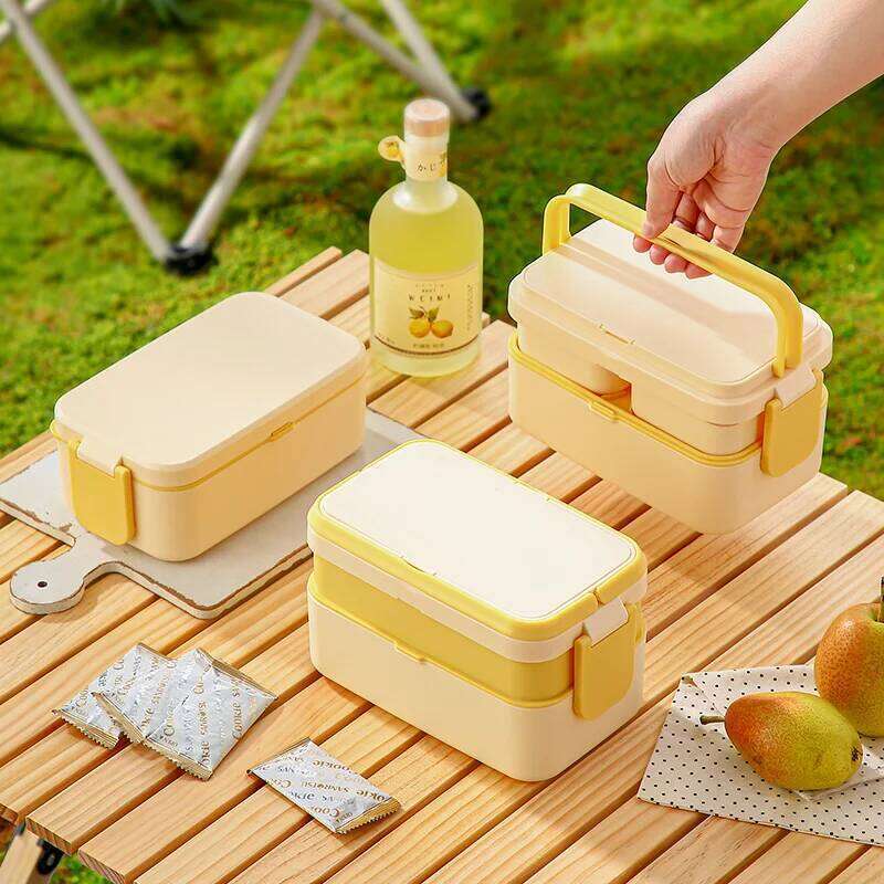 Yellow Picnic Lunch Double Layer Food Storage Container Handle Camping Hiking Outdoor Portable Bento Box Travel Work School