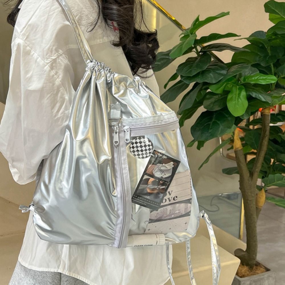 Portable Transparent Pocket Drawstring Backpack Large Capacity PU Itabag Handheld Bag Lightweight Shoulder Bag Outdoor