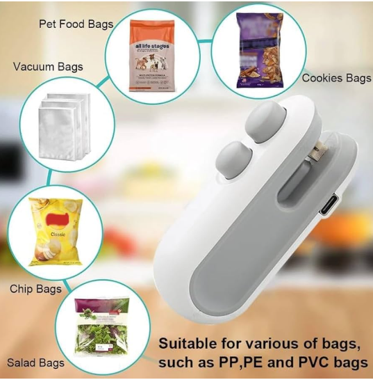 Mini Bag Sealer Machine | USB Rechargeable 2-in-1 Heat Sealer and Cutter | Portable Chip Snack Bag Resealer for Food Storage | Airtight Seal Preserver for Plastic and Vacuum Bags
