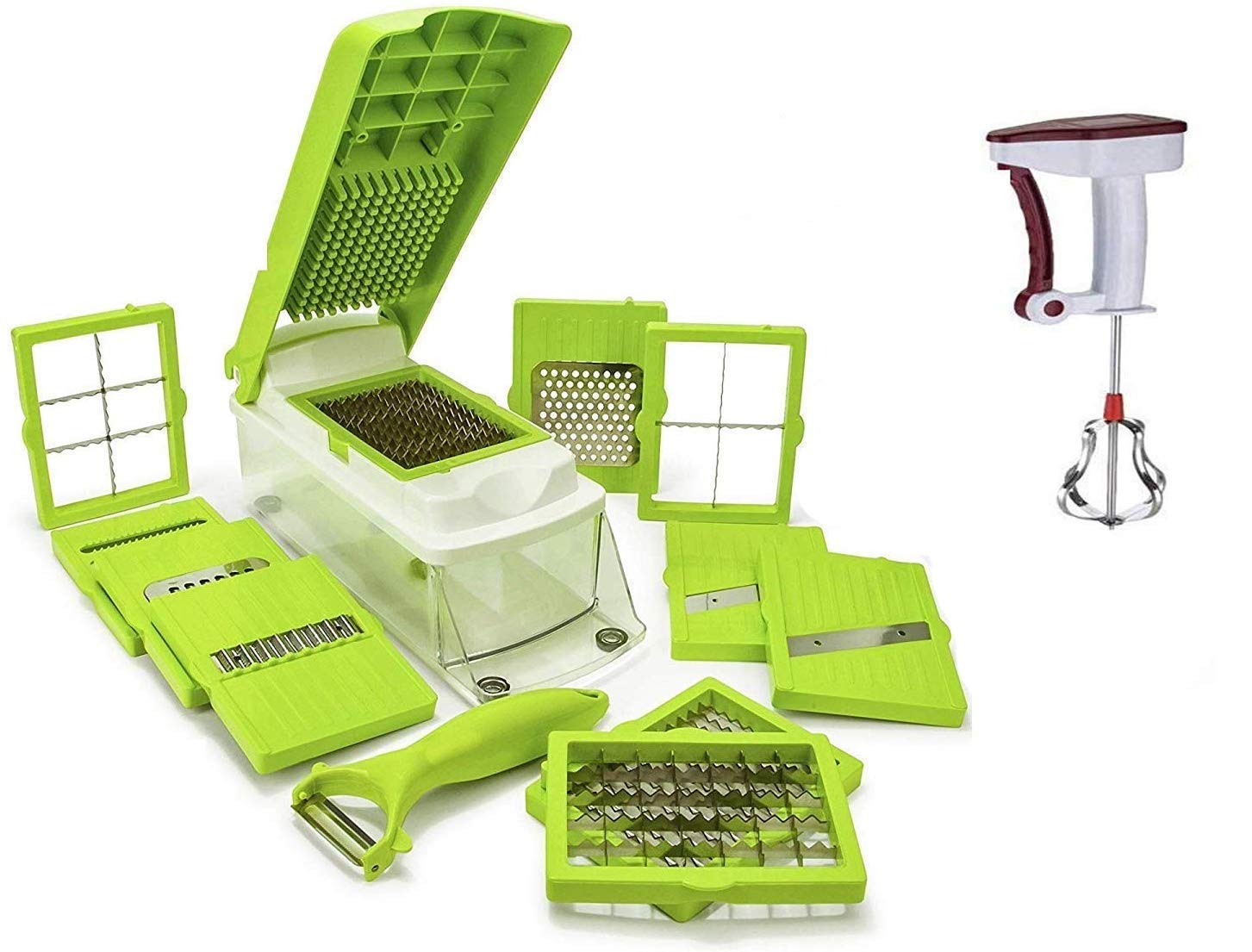 Plastic Rust-Free Stainless Steel 12 Blades Vegetable Cutter With Chopper (Green)