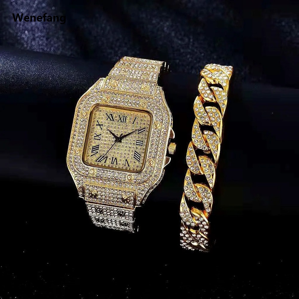 Wenefang 2pcs/set, Men's Large Dial Square 2025 New Rhinestone Watch Chain Bracelet