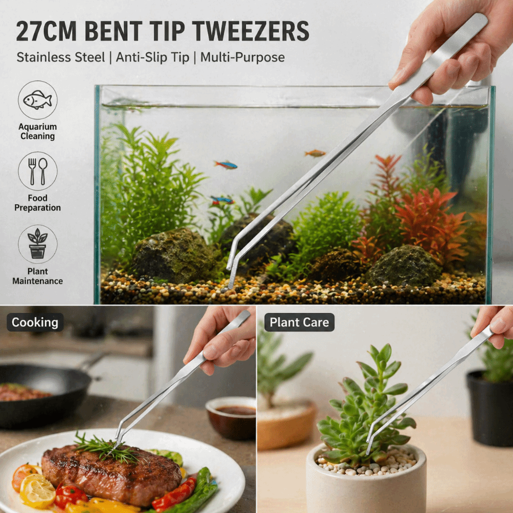 Durable Multifunction Stainless Steel Tweezers 27cm Long Handle Aquarium Clean Tweezers Anti-Rust Curved Cooking Clamps Fish Tank