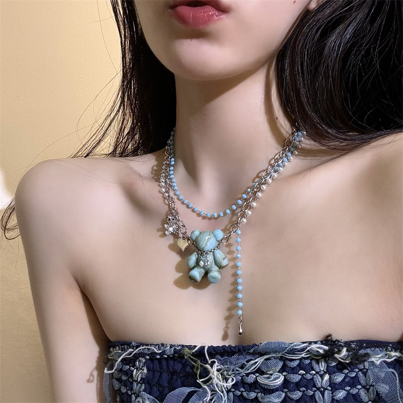 【Exclusive Offer】Korean New Arrival Cute Blue Bear Double-Layer Necklace Female Niche Sweater Necklace 2024 New Arrival Trendy