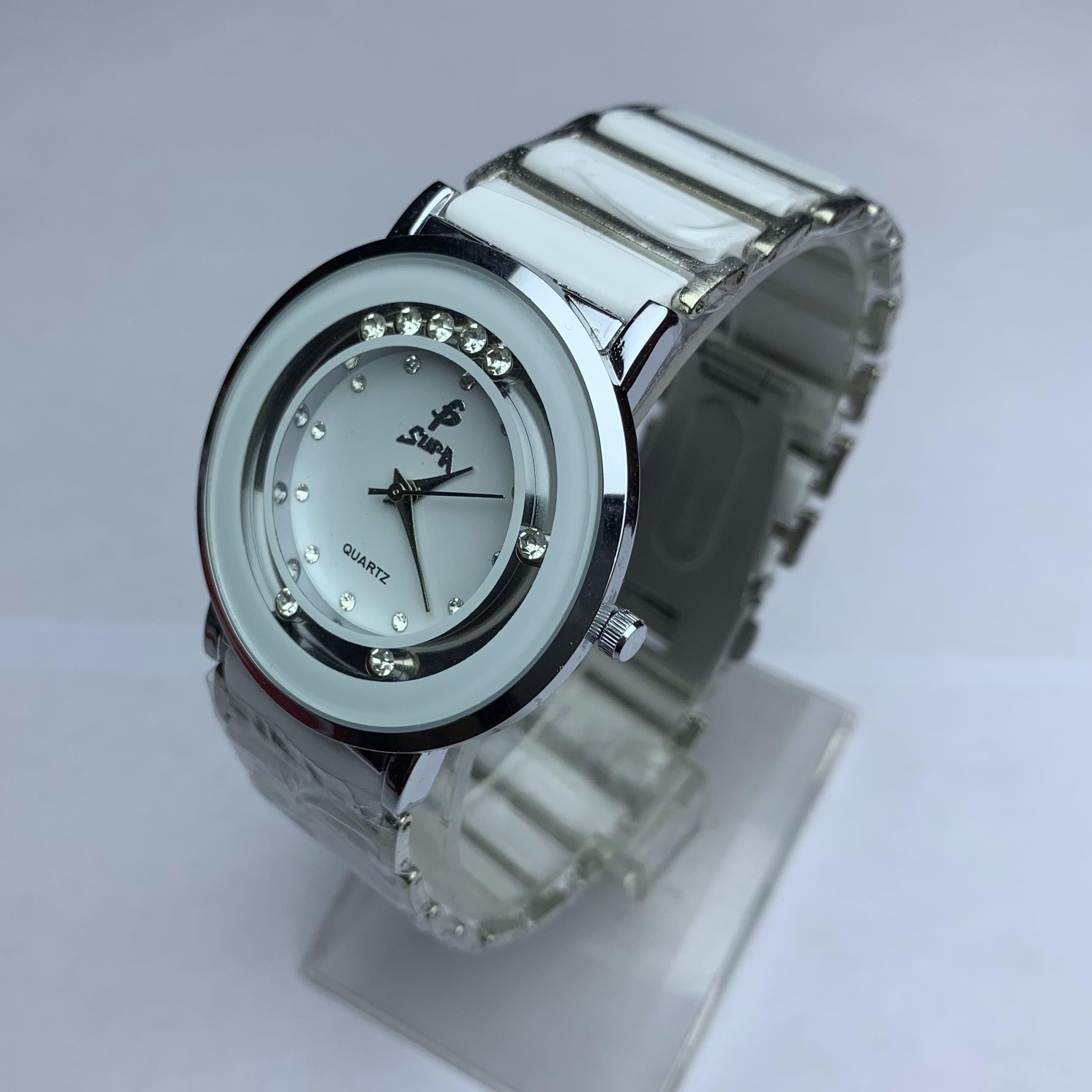 Supa Round Stone Curved White Dial Stainless Steel Silver Chain Quartz Moment Best Quality Watch For Women - Sold By Best Supplier