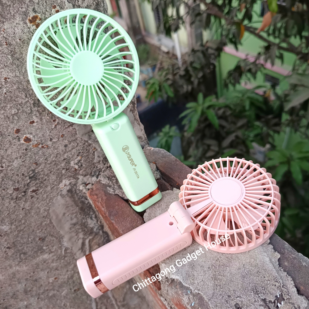 JY SUPER JY-2517A Rechargeable Mini Foldable Hand Fan with Storage Box - 1200mAh Battery, Type-C Charging, 3 Speed Portable Desk & Hand Fan