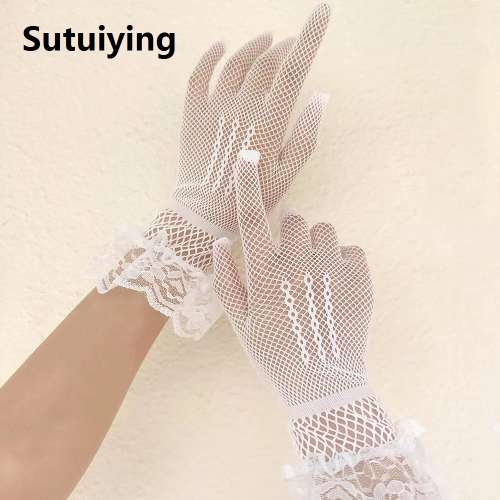 Sutuiying Women Black Summer Uv-Proof Driving Gloves Mesh Fishnet Gloves Lace Mittens Full Finger Girls Lace Fashion Gloves NEW