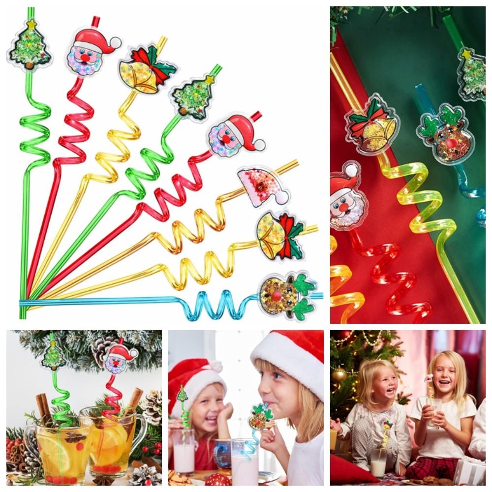 6pcs Cute Santa Claus Snowman Christmas Spiral Straw Food Grade Spiral Christmas Cartoon Straw Reusable 27cm Christmas Party Supplies New Year