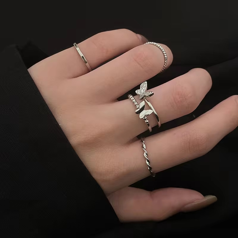4 pcs Ring Set Trendy Butterfly Twist Silver Color Punk Rings Set for Women Girls Jewelry Gifts Fashion Accessories Female Metal Finger Ring
