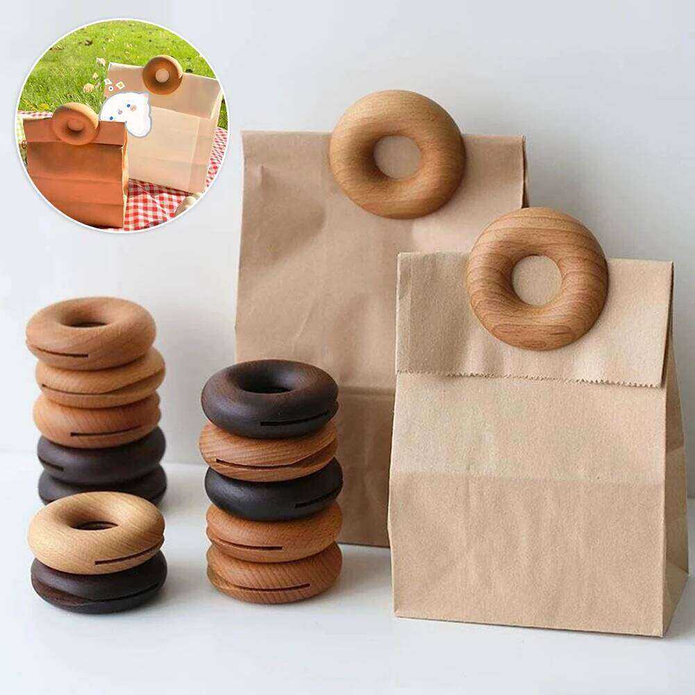 Wooden Clips,Donut Shape Sealing Clamp,Natural Walnut Beech Bag Clips,Kitchen Food Clip,Kitchen Accessories