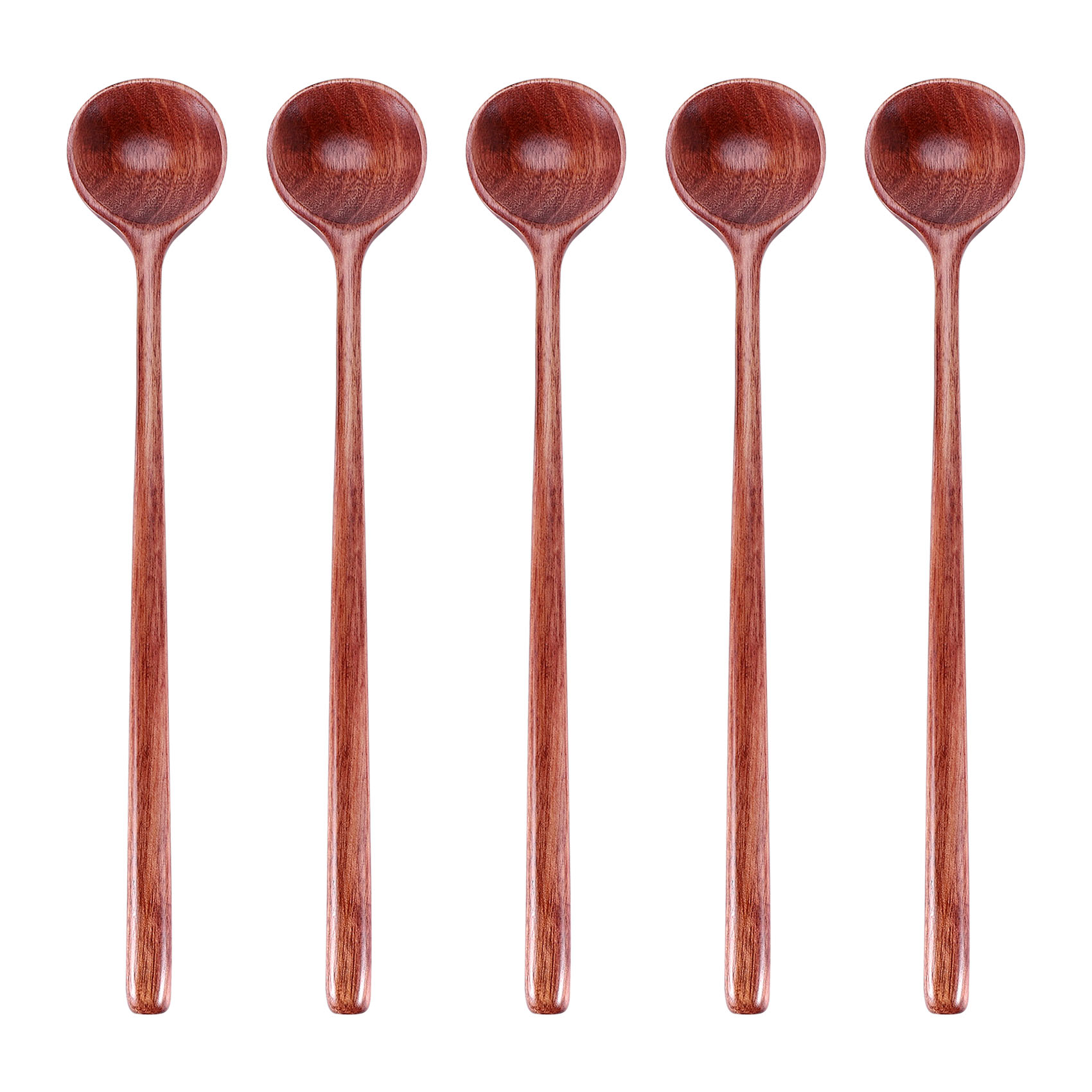 NAMUNY Long Spoons Wooden, 5 Pieces Korean Style 10.9 inches 100% Natural Wood Long Handle Round Spoons for Soup Cooking Mixing Stirrer Kitchen Tools Utensils (Korean Style Soup Spoon)