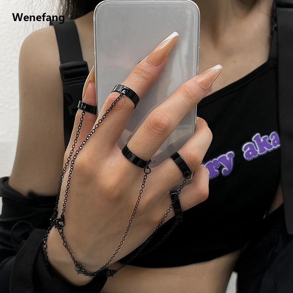 Wenefang Punk Geometric Silver Color Chain Wrist Bracelet Rings for Men Ring Charm Set Couple Fashion Jewelry Gift Pulera Mejer Free Ship