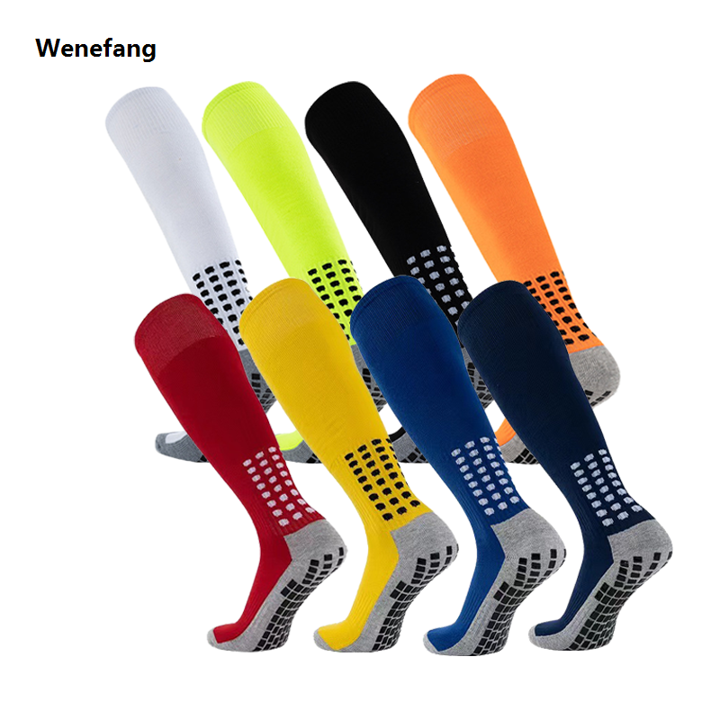 Wenefang Mens Anti Slip Grips Football Soccer Socks Non Skid Over the Calf Baseball Rugby Thick Cushion Athletic Socks White Black Blue