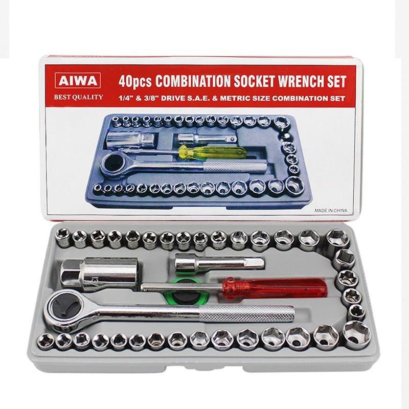 40Pcs Heavy Duty Socket Wrench Set - SAE & Metric Carbon Steel Combination Tool Kit, 1/4" & 3/8" Drive Ratchet, Vehicle Repair Hand Tools for Car & Motorcycle Maintenance