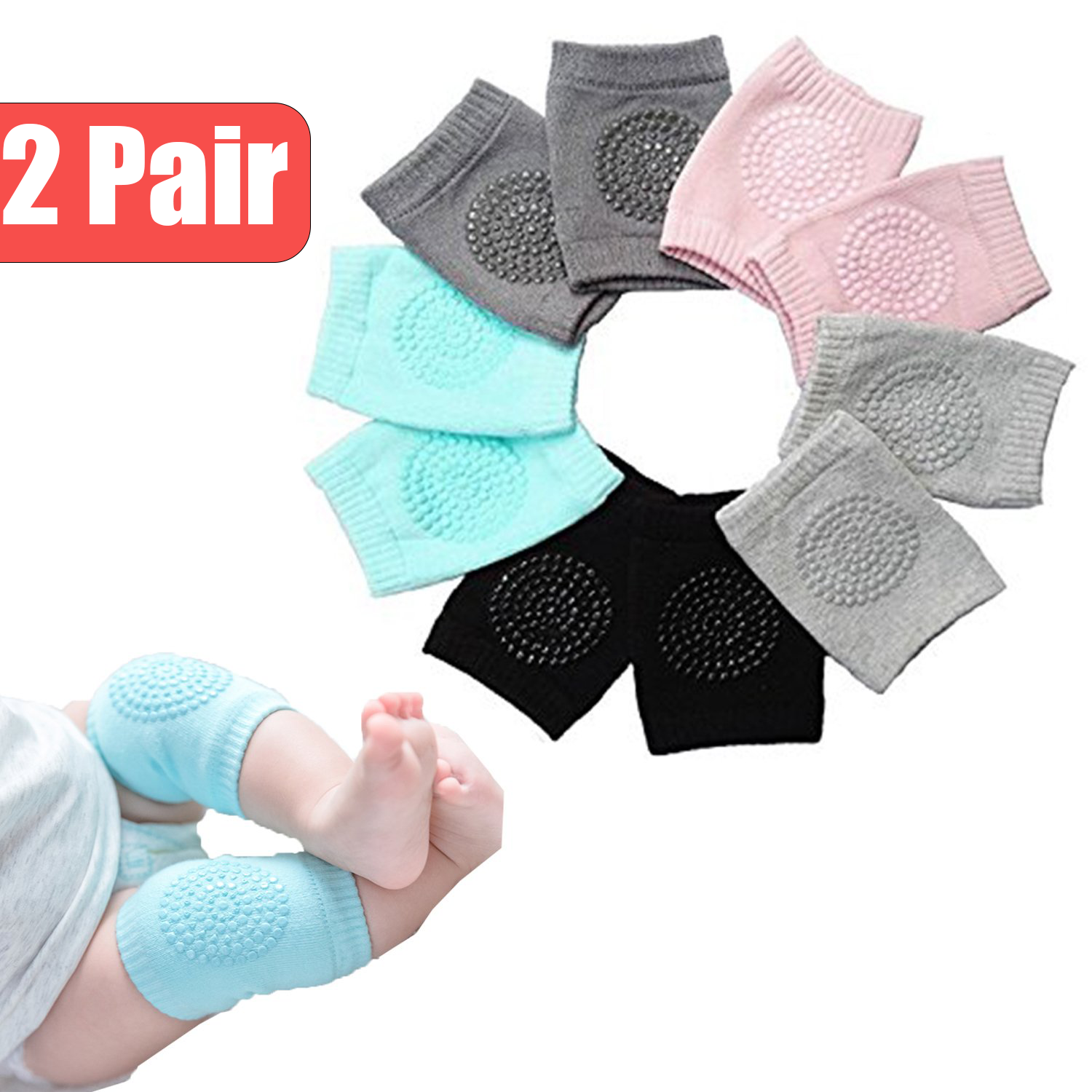 2-Pair Baby Knee & Elbow Pads | Anti-Slip Gel Crawling Protectors, Soft Breathable Support for Babies & Toddlers