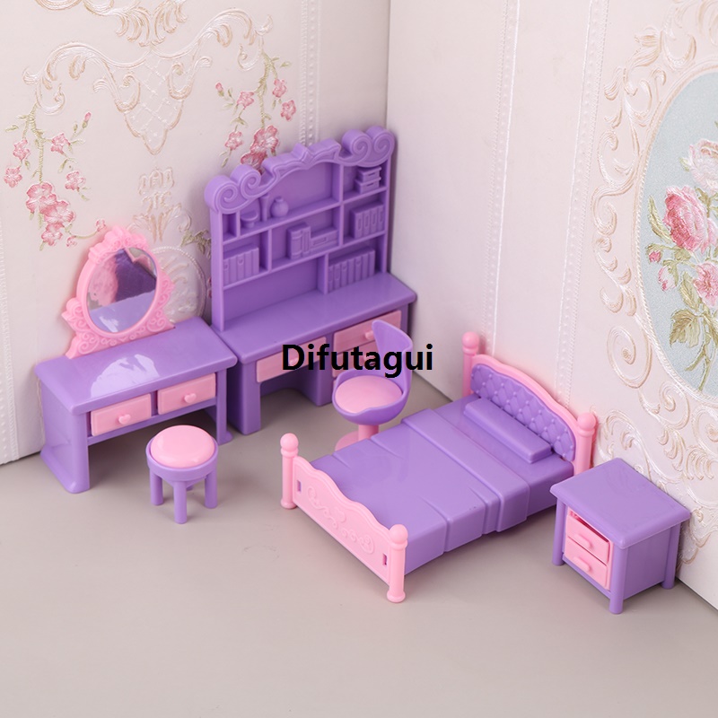 Difutagui 2025 New 6Pcs/Set 1:12 Dollhouse Miniature Desk Chair Dressing Table 2025 New Bedside Table Bed Furniture Model Decor Toy Doll House Accessories