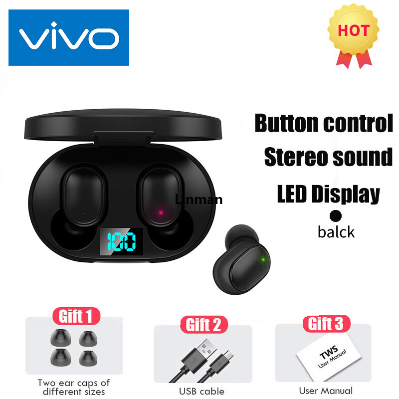 Linman 【Mirzo】【COD+Original+Ready stock】New vivo E6S TWS Music Headset 5.2 Bluetooth Sales promotion LED Display HiFi Earphone Waterproof Sport Wireless Headphone With Mic Earplugs