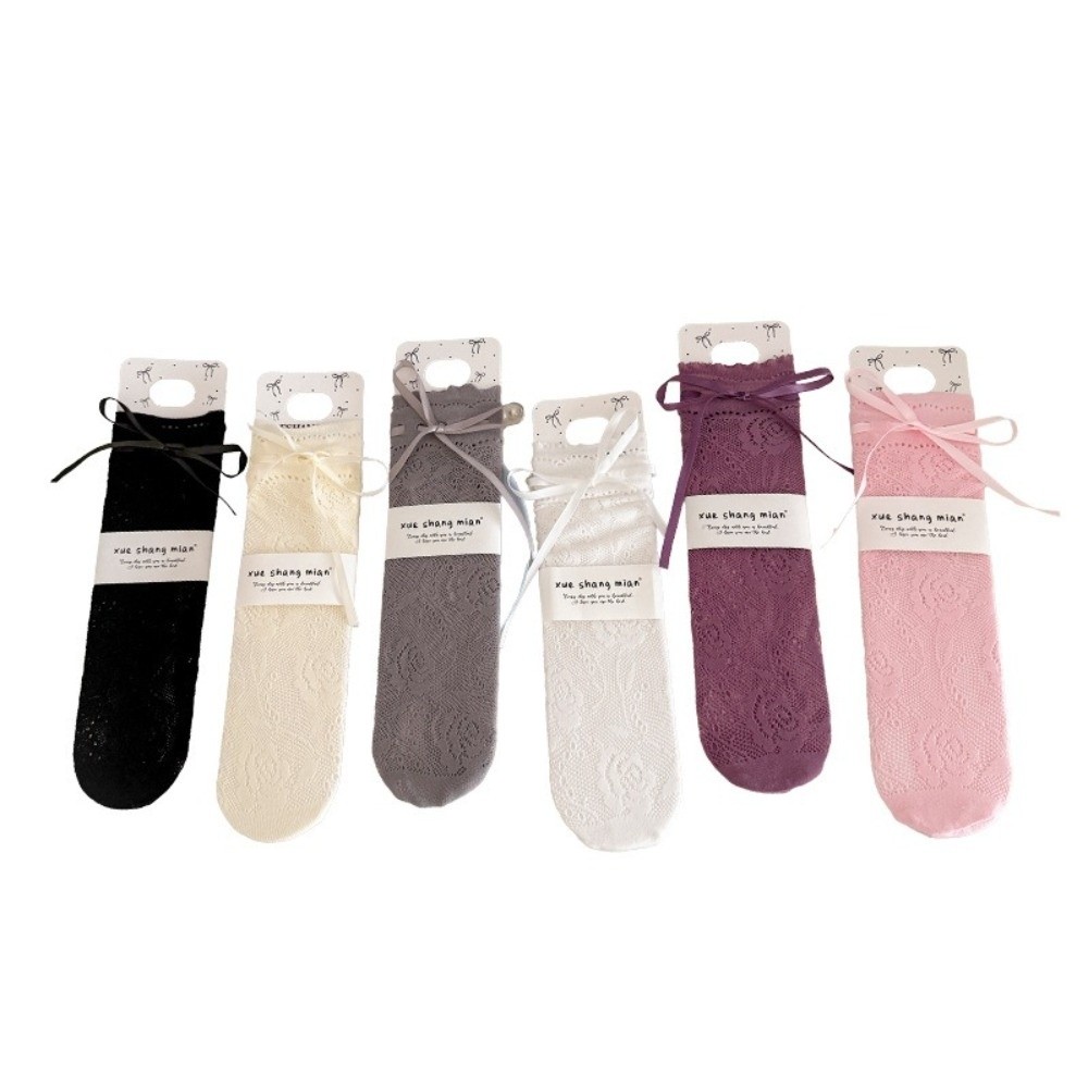 1 Pair Cute Style Thin Material Lace Socks Rose Pattern Lace Trim Slouch Socks Comfortable Bow Tie Desig Bow Tie Socks Casual Wear