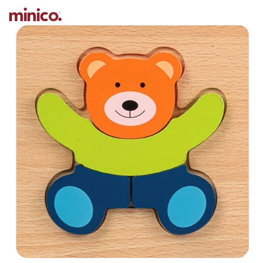 Minico Wooden Bear 3D Jigsaw Puzzle - Montessori Educational Early Learning Toy for Toddlers & Kids - 15x15cm Chunky Animal Shape Sorter - Non-Toxic & Eco-Friendly