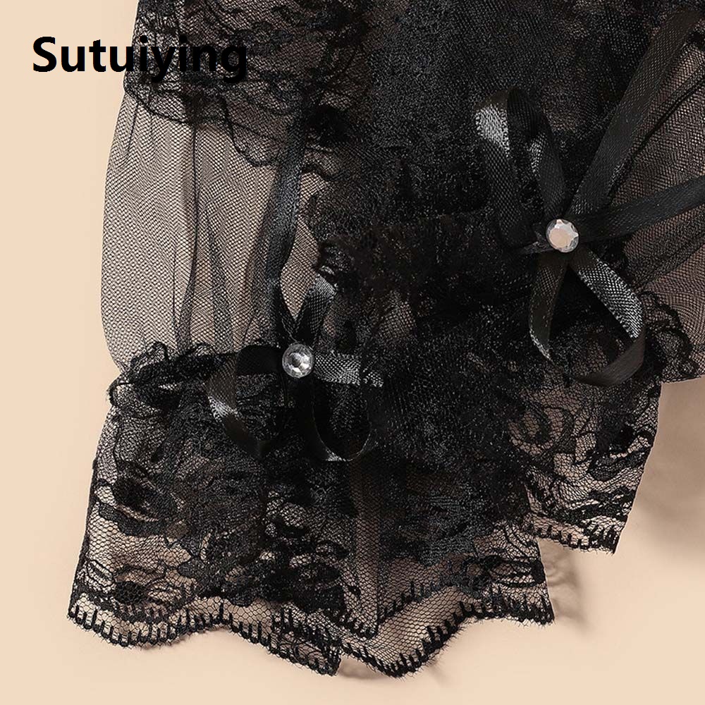 Sutuiying Sweet Girl Lolita Sleeves Mesh Bridal Wedding Gloves Bow Cosplay Women Gloves Lace Hand Sleeves Hand Wrist Cuffs Lolita Gloves