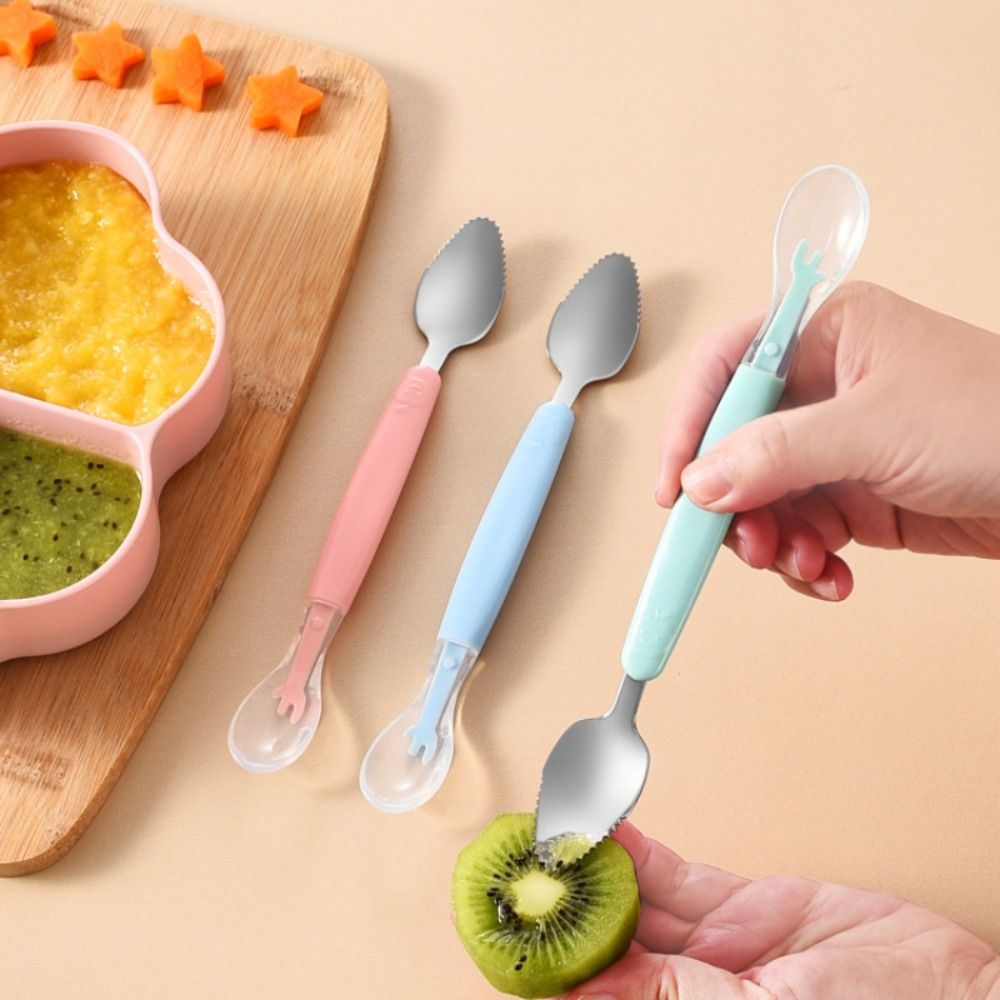New Double Head Baby Cutlery Feeding Spoon Stainless Steel Silicone Complementary Food Spoon Multifunctional Baby Fruit Scraping Mud Spoon Tableware