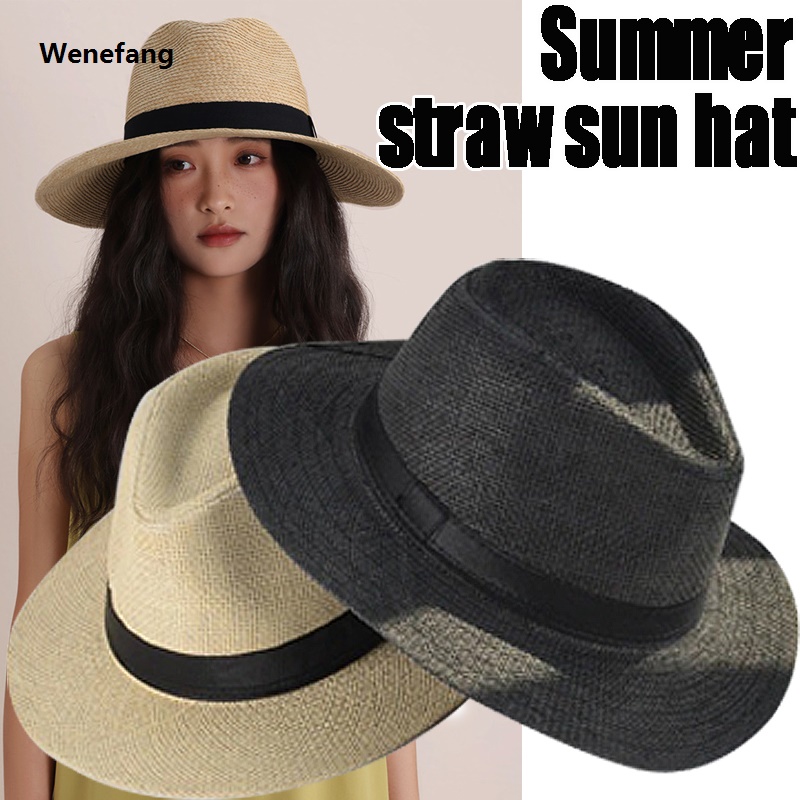 Wenefang Beach Vacation Panama Jazz Hat Summer Sunscreen Handwoven Straw Sun Hat Men Elegant Women Hawaii Casual Sunshade Gangster Cap