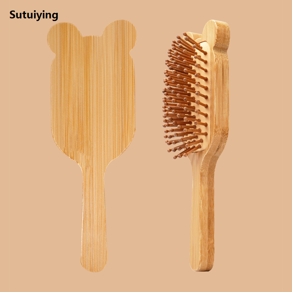 Sutuiying 1PC Cute Animal-Ear Air Cushion Hairbrush - Natural Bamboo Wide-Tooth Portable Comb (Massage + Anti-Static) with Adorable Dual-Ear Design