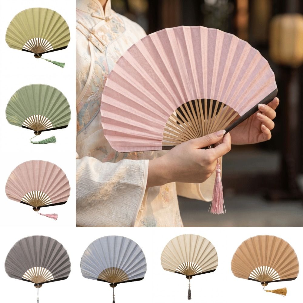 Creative Japanese Style Folding Hand Fan Cotton Linen Cloth Solid Color Retro Mini Shell Fan Portable Bamboo Frame Handheld Fan Dance Props