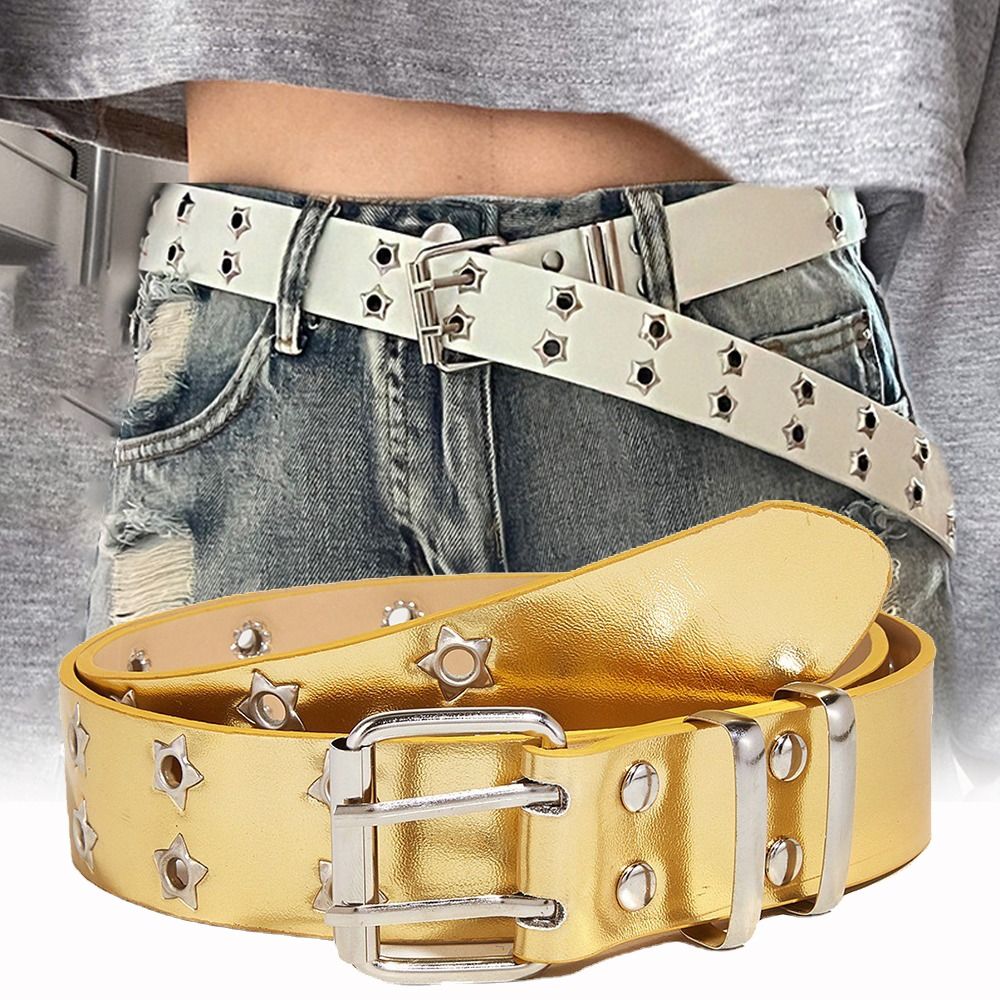 Y2k Star Eyelet Rivet Belts Hip Hop Punk Rock Style Gothic Leather Belt Double Pin Buckle Waistband