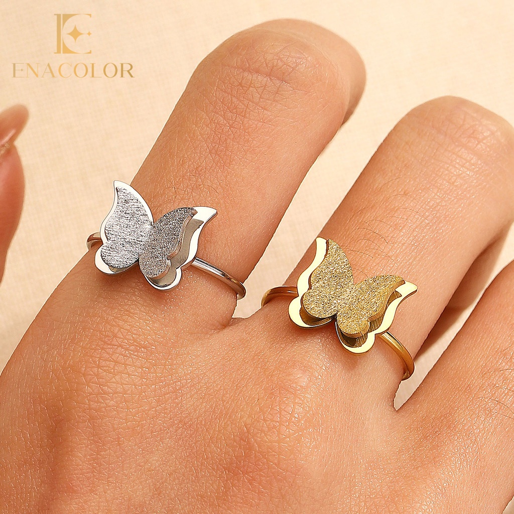 Enacolor Stainless Steel Retro Gold Butterfly Opening Rings for Women Girl No Fade Jewelry Simple Gift