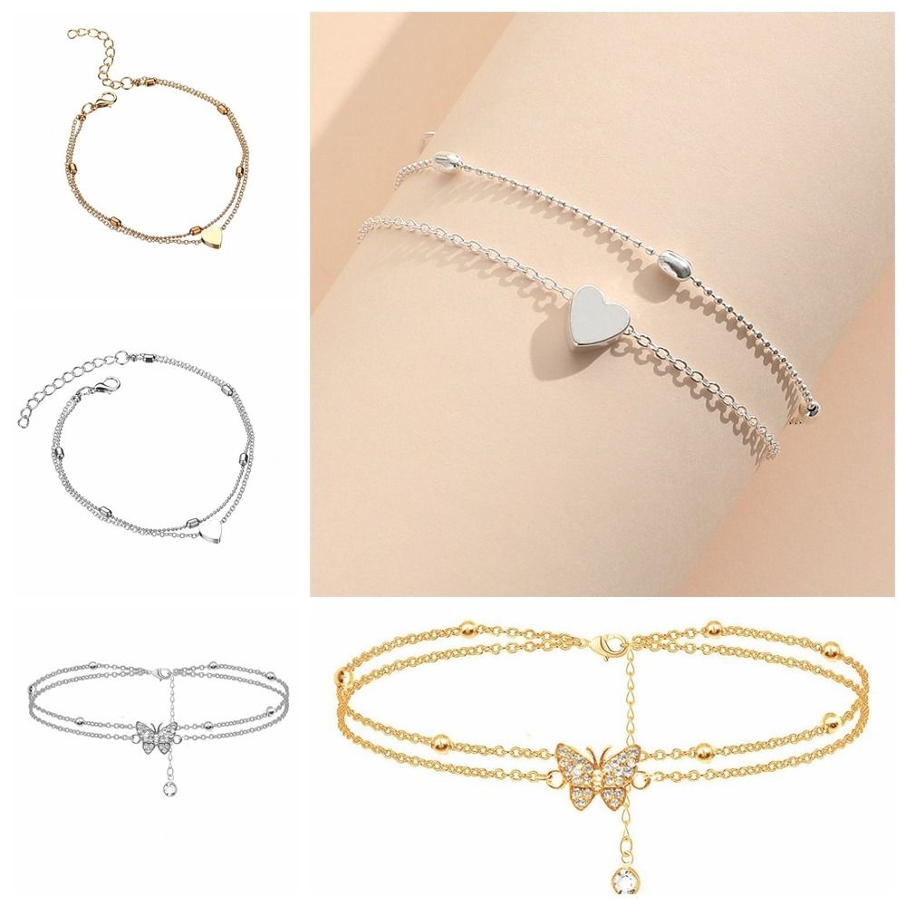 Vintage Heart-shaped Summer Butterfly Anklet Alloy Bead Layered Foot Ankle Bracelet Double Layer Girls
