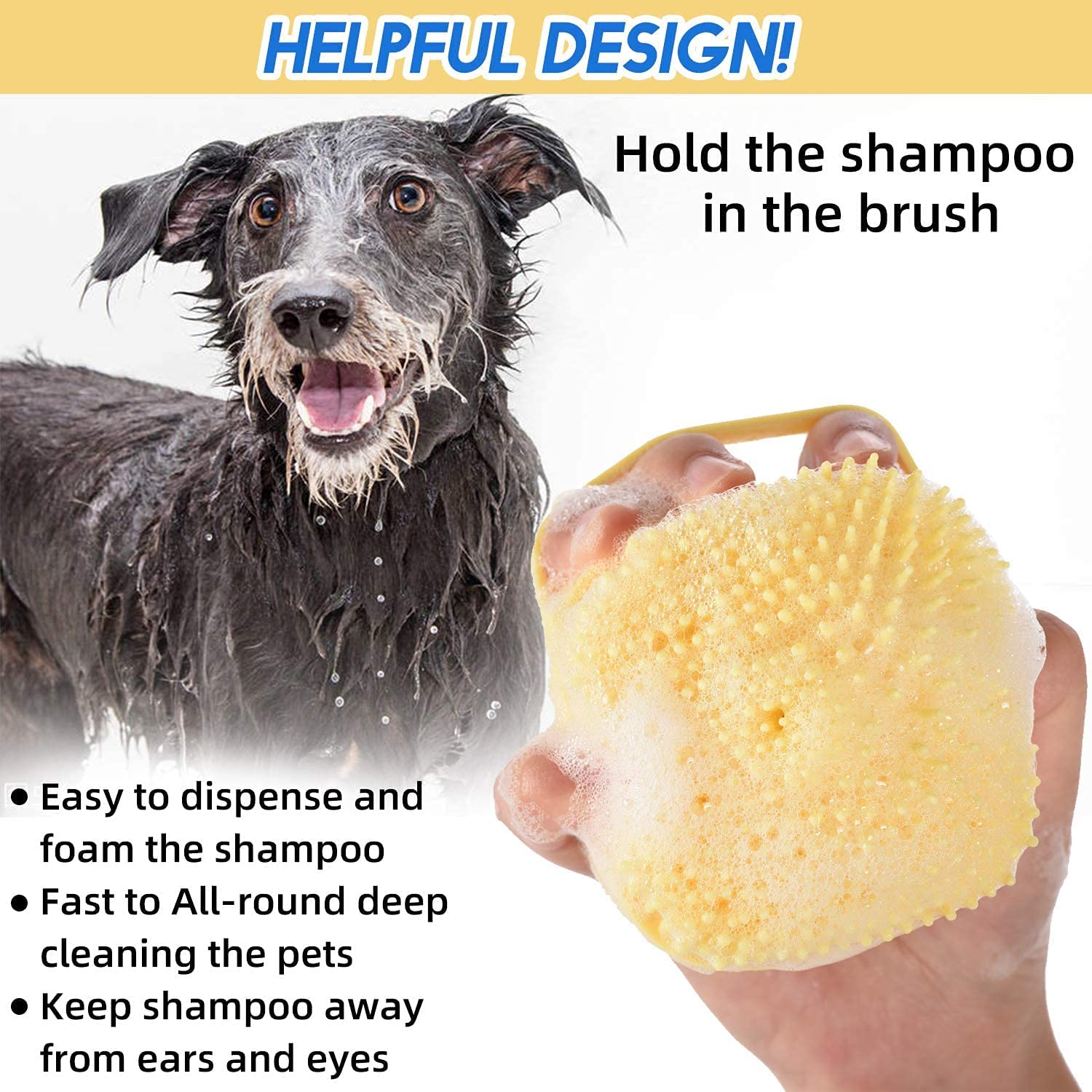 Tails Dog & Cat Bath Brush - Shampoo & Scrubber for Dogs & Cats - Adjustable Ring Handle for Short & Long Hair (Color may Vary)