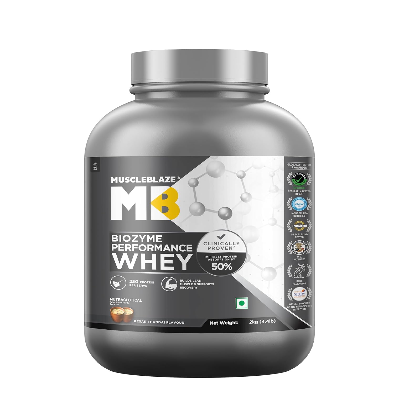 MuscleBlaze Biozyme Performance Whey Protein 2kg Kesar Thandai Flavor Clinically Tested 50% Higher Protein Absorption Informed Choice UK & Labdoor USA Certified