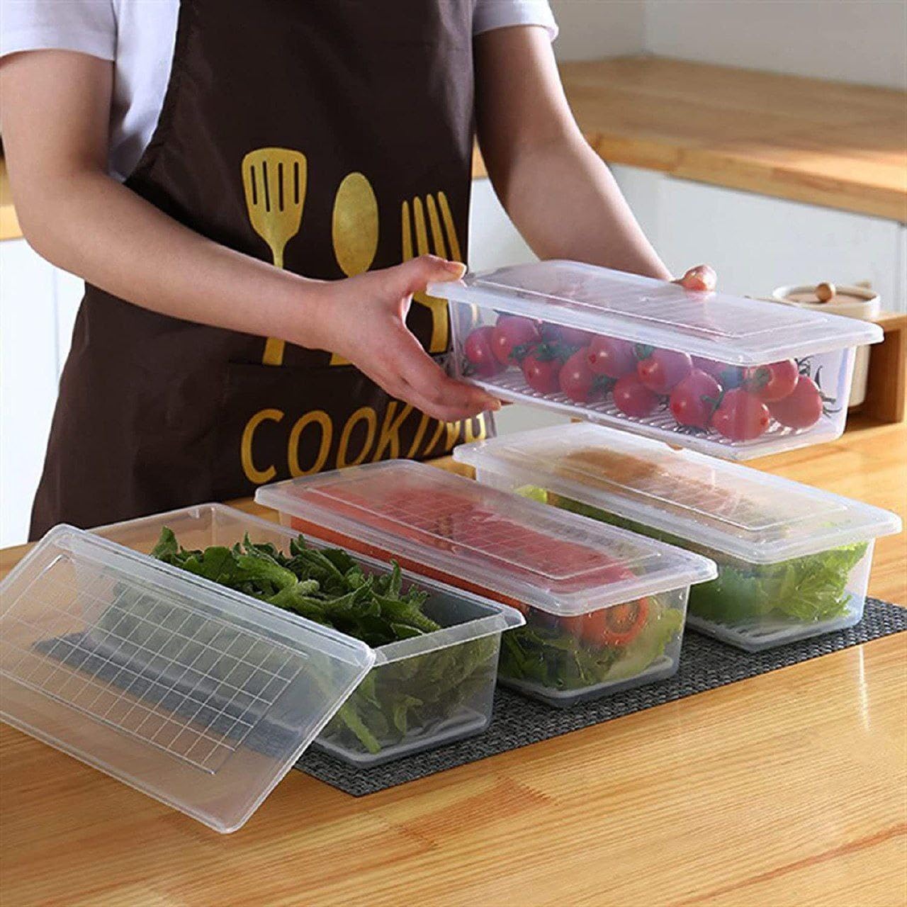Pack of 2 - 1500ml Fridge Storage Boxes with Lid & Drain Plate | Stackable Refrigerator Organizer Containers for Fish, Vegetables & Food