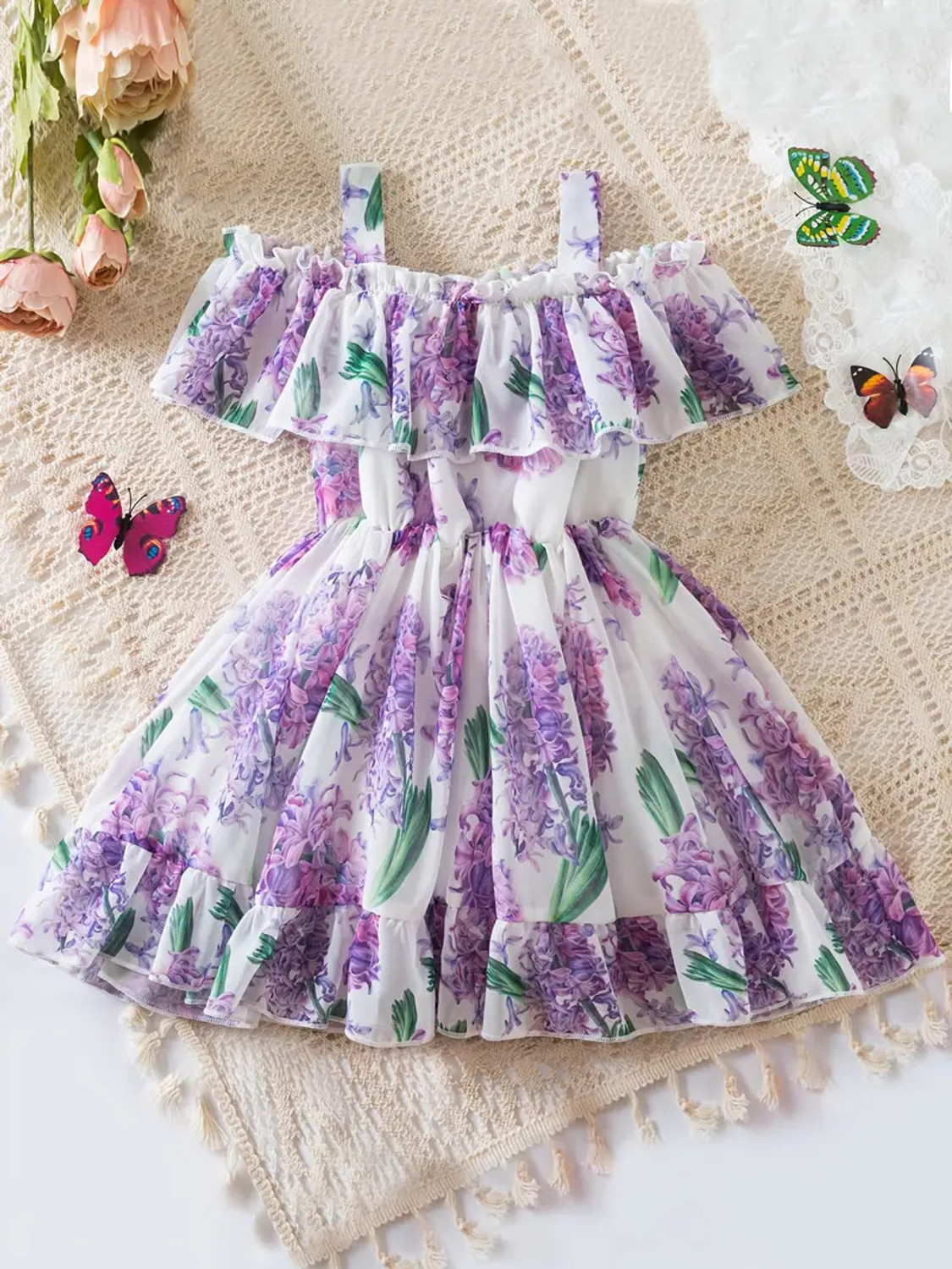 Fabdale Disney-Character Floral Digital Print Fit & Flare Midi Baby/Kids/Girls/ Dress | Casual & Party Wear (PURNB-020)
