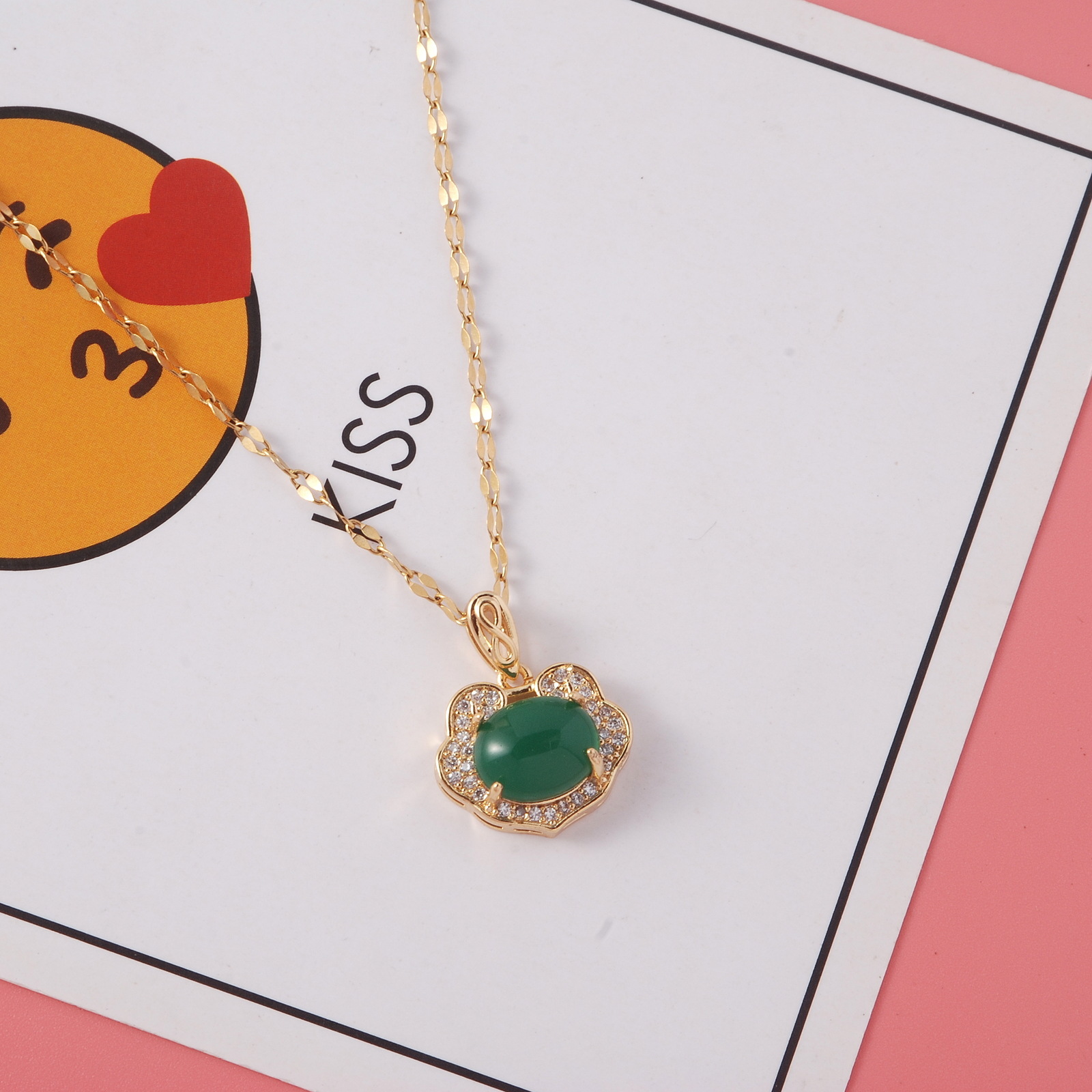 titanium steel non-fading diamond ruyi lock green stone necklace women's simple light luxury jewelry